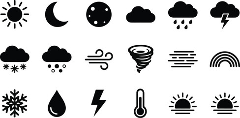 Obraz premium Set of black weather icons featuring various meteorological symbols isolated on a white background for digital interface or web design use.