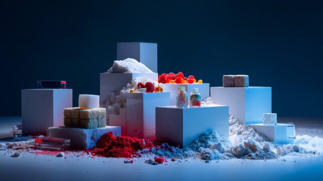 Minimal White Podium Display with Colorful Powder Accents