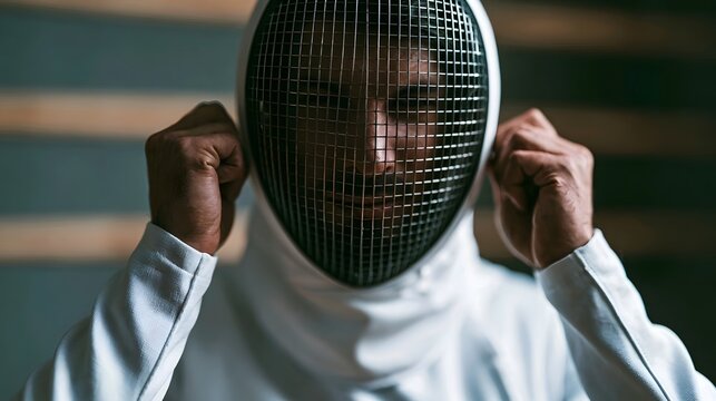 A fencer adjusting a protective fencing mask while wearing white gear  focused and ready for combat