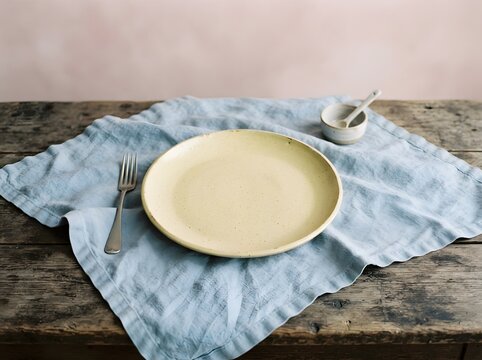 Empty ceramic plate with fork and small dish set on rustic wooden table with linen napkin during soft daylight