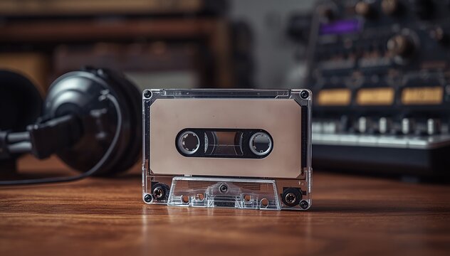 Retro cassette tape with headphones and audio equipment on wooden table