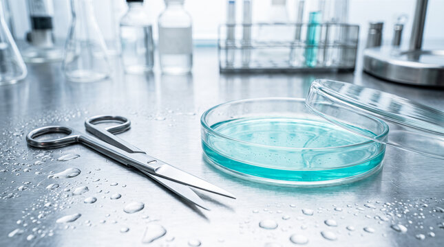 Stainless surgical scissors beside clear glass petri dish containing blue liquid resting upon wet steel counter covered with water droplets inside laboratory