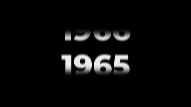 Reverse 67 year counter animation scrolling back from 2026 to 1959. White 3D text on black background. Going back in time flashback and history timeline motion graphics concept.