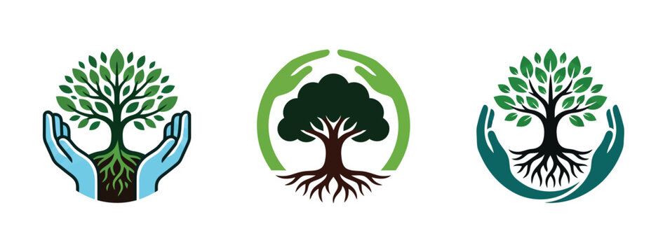 Set of three tree icons held in hands representing nature and environmental care Vector