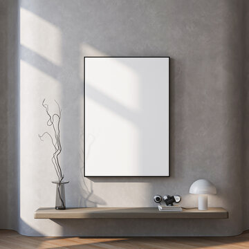 Modern Living Room Poster Frame Mockup with Natural Light and Minimalist Decoration. 3D render.