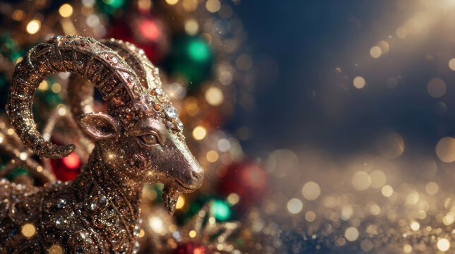 2027 Chinese New Year concept, decorative goat statue, holiday ornaments and blurred festive lights, winter background.