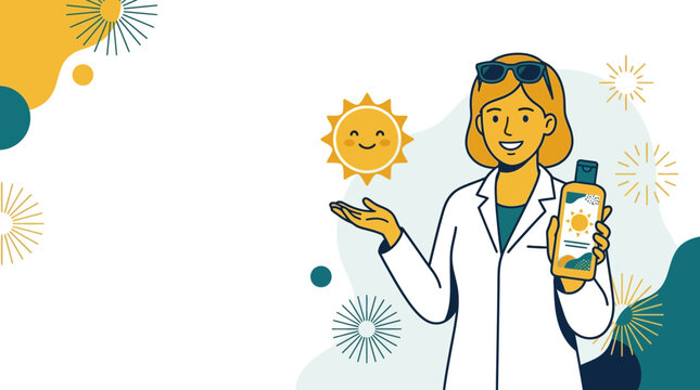 Pharmacist promotes sunscreen with sun icon and abstract shapes, vector illustration