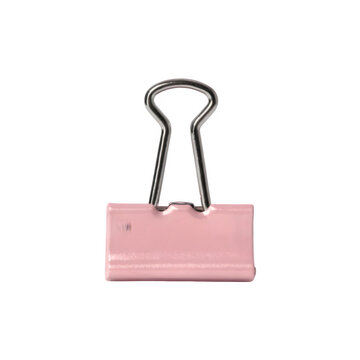 A single pink metal binder clip isolated on a black background