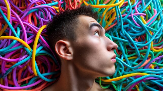 Young Man Surrounded by Colorful Tangled Cables Concept
