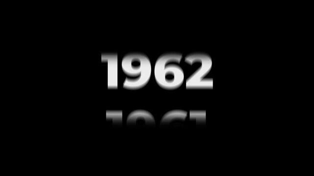 Reverse 71 year counter animation scrolling back from 2026 to 1955. White 3D text on black background. Going back in time flashback and history timeline motion graphics concept.
