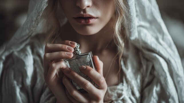 Woman Holding Perfume Bottle in Soft Atmospheric Portrait
