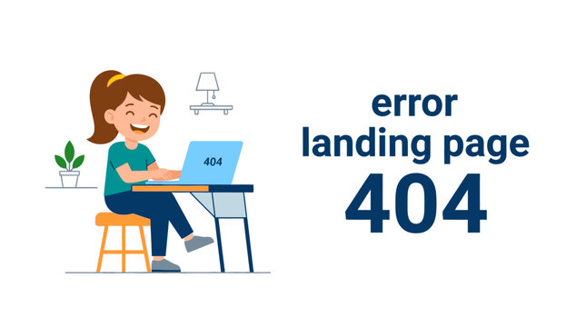 Flat art illustration of a 404 error page for web development, depicting a user with a laptop encountering a page not found message	