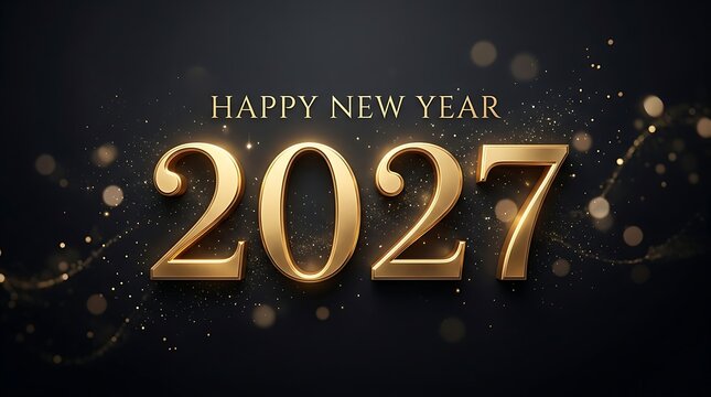 Happy new year 2027 glowing gold numbers on dark background with bokeh lights and glitter.