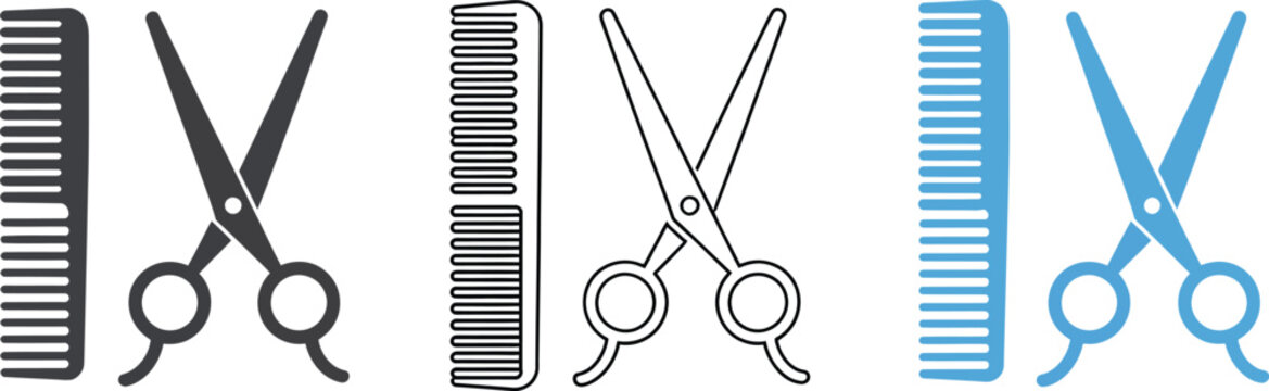 Scissors and Comb Icon Set featuring barber tools, hair styling, grooming, salon service, beauty care, crossed scissors and comb symbols in editable vector styles.