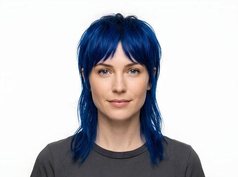 Woman with Vibrant Blue Shaggy Mullet Haircut on White Background