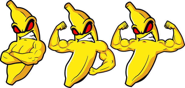 Strong Muscular Banana Mascot Character Flexing Biceps Vector Illustration Set