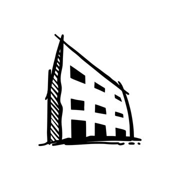 Hand drawn sketch of hotel and apartment building logo with a simple line art and a little bit hatch for shading 