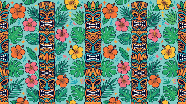 Seamless vector pattern featuring colorful tiki masks, hibiscus, and tropical leaves for summer decor.