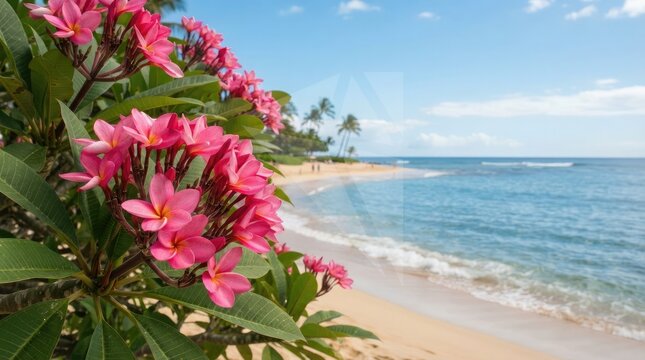 Pink flowering bush by tropical beach ocean