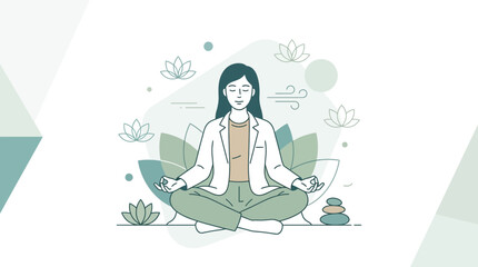 Obraz premium Woman in Lotus Pose Meditating Surrounded by Lotus Flowers and Zen Stones, Calm and Serene Illustration