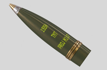 Fototapeta premium A 155 mm artillery shell on a white background.3D rendering.