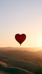 Obraz premium Romantic heart balloon floats over golden hills at sunset evoking wonder and peaceful dreamy feelings