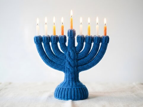 Knitted blue menorah with lit candles on a white linen cloth during Hanukkah celebration