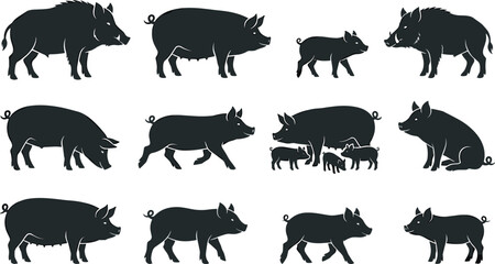 Pig and Wild Boar Silhouette Set Featuring Farm Animals, Hogs, Piglets, and Sows for Farm Logos, Butchery Signs, Graphic Design, and Crafts © Sultana