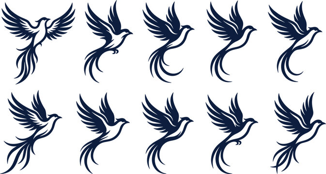 Flying Phoenix and Mythical Firebird Silhouette Icon Set with Long Tail Feathers Spread Wings and Elegant Bird Layouts for Fantasy Corporate Branding Logos