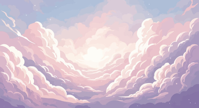 Serene vector illustration of a peaceful mountain landscape at sunrise with calm lake reflection, minimalist flat design style, pastel colors, and soft lighting for background.