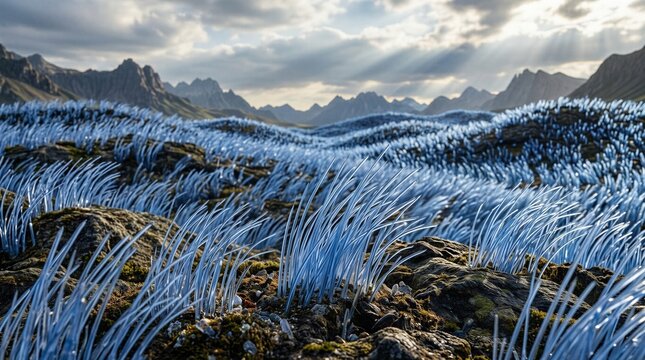 Futuristic alien planet terrain with endless blue bioluminescent grass dunes and mountain background