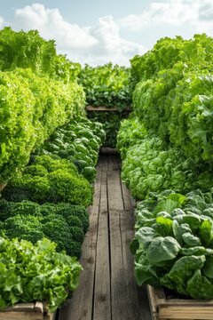 Rows of lush green lettuce growing in wooden crates on a rustic path under a bright sky, representing healthy food production.