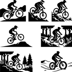 Fototapeta premium Mountain bike silhouette collection, various styles of riders in action, perfect for sports and outdoor adventure designs, black and white vector art.