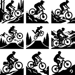 Fototapeta premium Mountain bike rider silhouette collection with various action poses and natural landscapes, ideal for outdoor sports and adventure designs, vector art.