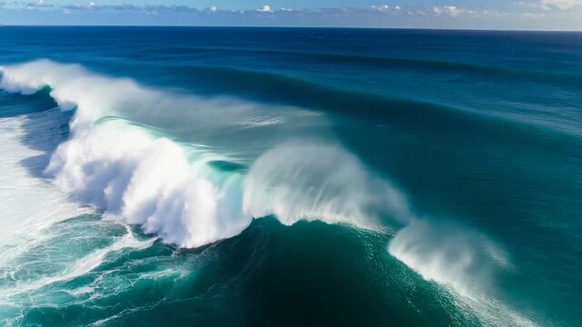 Aerial ocean giant wave cresting slow motion spray scattered sunlight gleaming dynamic seascape view