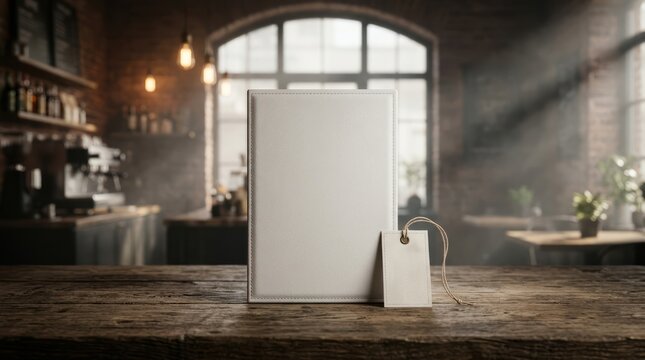 Blank menu folder and tag on rustic wooden table in cafe