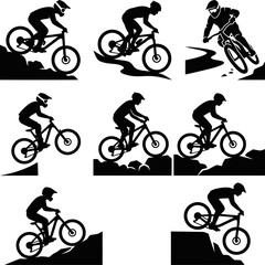 Obraz premium Silhouette mountain biker performing stunt on rocky terrain outdoor extreme sport dynamic action adventure pursuit.