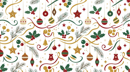 Naklejka premium Seamless Christmas pattern with hanging ornaments and festive greenery.
