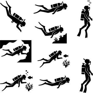 Professional scuba diving icons set showing various underwater activities like deep sea exploration cave diving photography and marine wildlife observation vector.
