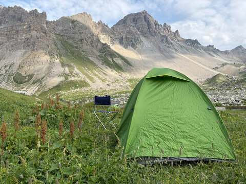 Green tent at the Col du Galibier, a mountain pass in the French Alps