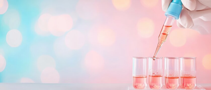 Science liquid sample dropped into research tubes with soft bokeh background, representing biology discovery and laboratory analysis.