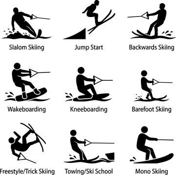 Collection of black icons depicting different water skiing disciplines with labels, clean vector graphics for sports and recreation themes.
