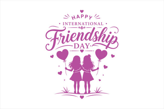Happy international friendship day pink design with silhouettes of girls