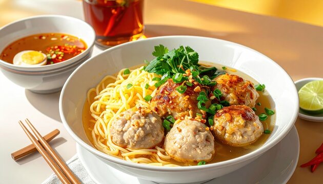 Delicious Asian noodle soup with meatballs.