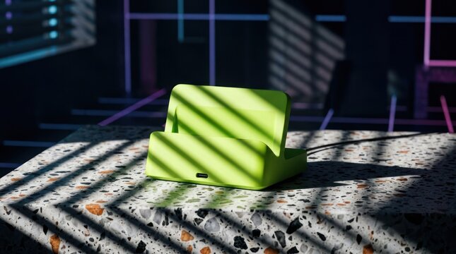 Lime green smartphone charging dock with dramatic venetian shadows