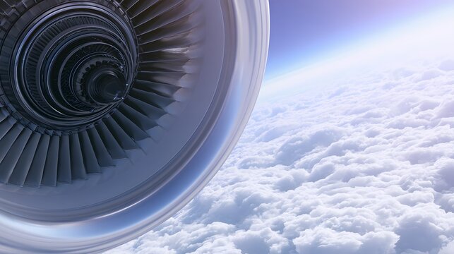 Powerful turbofan engine a symbol of modern innovation against a serene blue sky backdrop