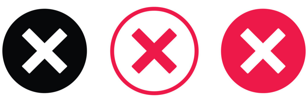 Cross mark icons for rejection cancellation error deletion closing decline and incorrect status indicators in modern digital interfaces, vector design.