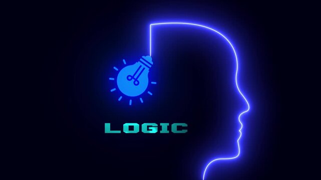 Analytical logic concept featuring neon human head and glowing light bulb for strategic thinking