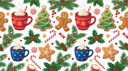 Obraz premium Seamless Christmas Pattern with Gingerbread Cookies and Hot Cocoa.