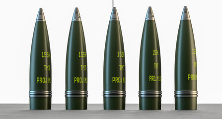 Fototapeta premium A 155 mm artillery shell on a white background.3D rendering.